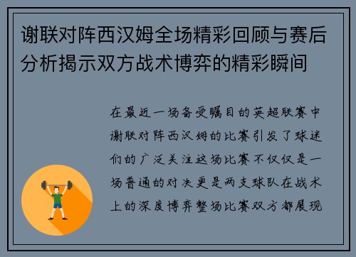 谢联对阵西汉姆全场精彩回顾与赛后分析揭示双方战术博弈的精彩瞬间